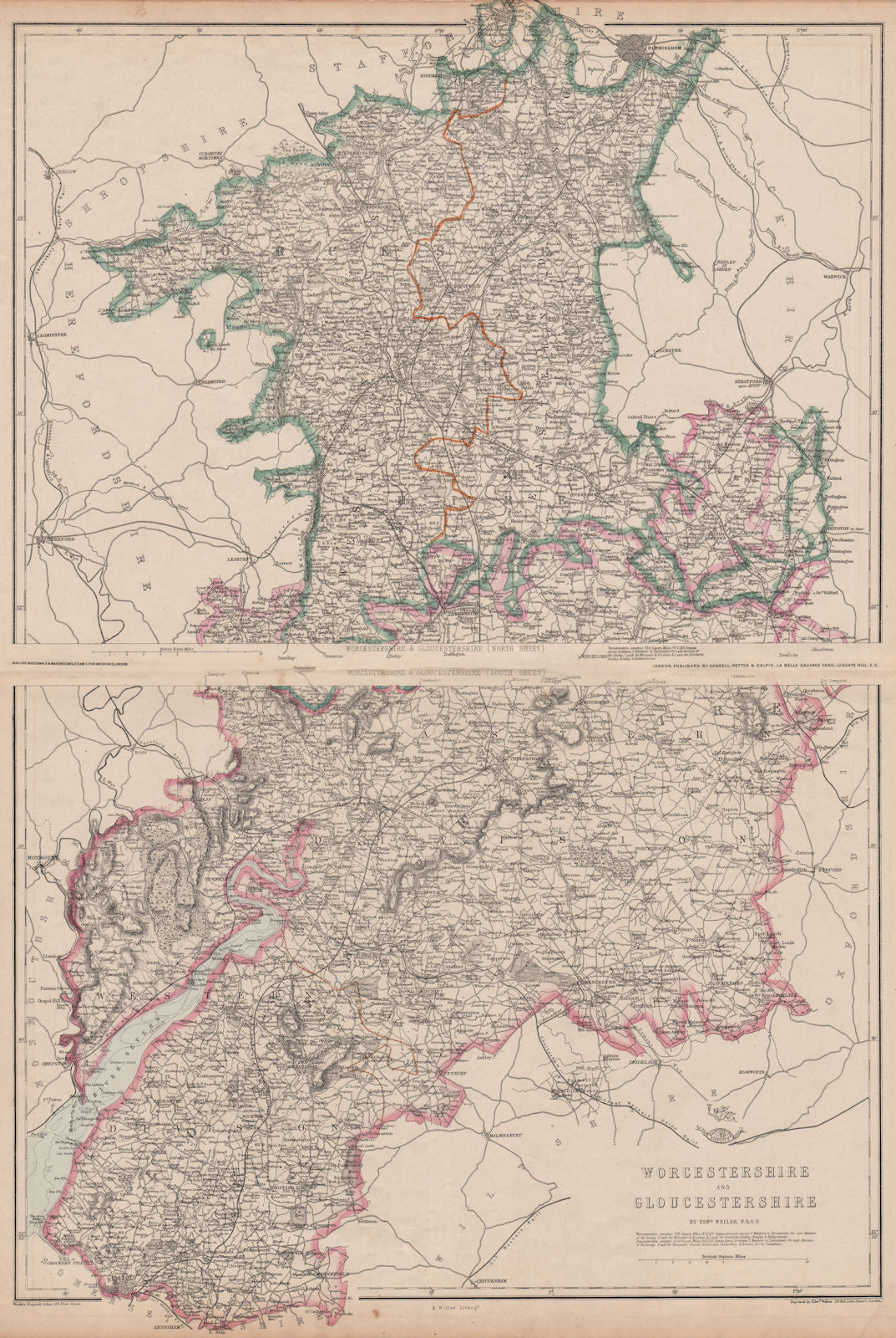 SEVERN/AVON VALLEYS 'Worcestershire & Gloucestershire'.Railways.WELLER 1862 map